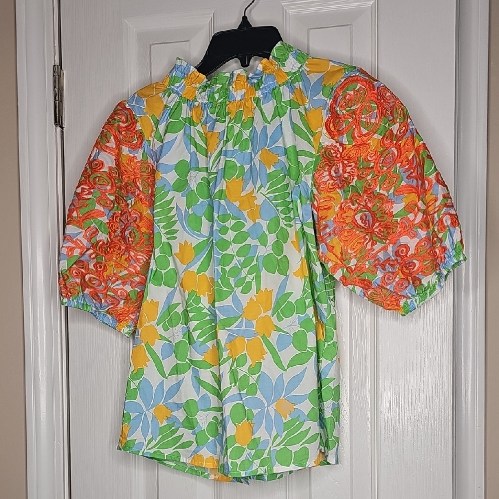 Vibrant TMHL Women's Floral Blouse With Embroidery Sleeves